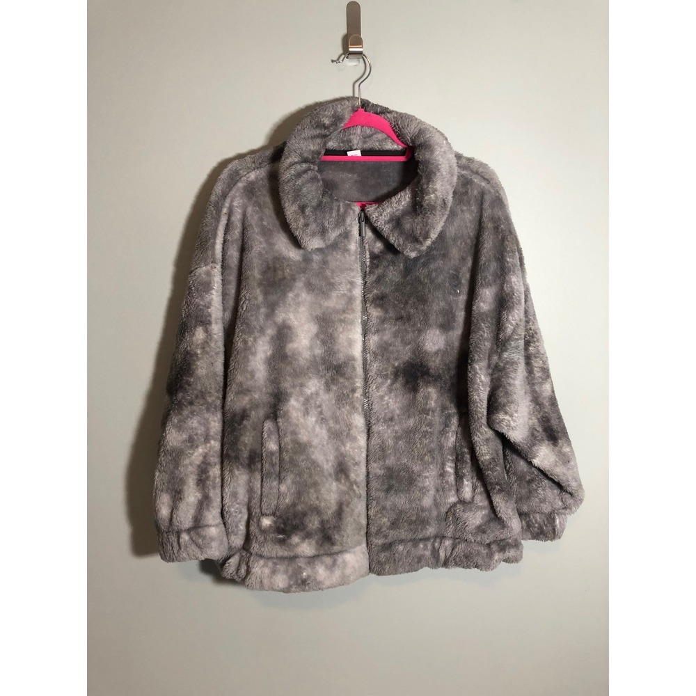 Old Navy Faux Fur Full Zip Jacket Womens Small Grey Tie Dye Marbled Plush Crop
